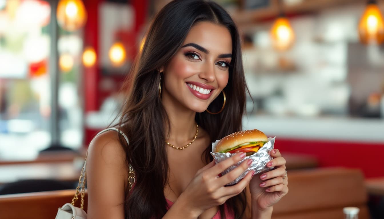 AI generated: Create an image of a Indian white skin woman enjoying a meal in a fast-food restaurant in Madrid
The...