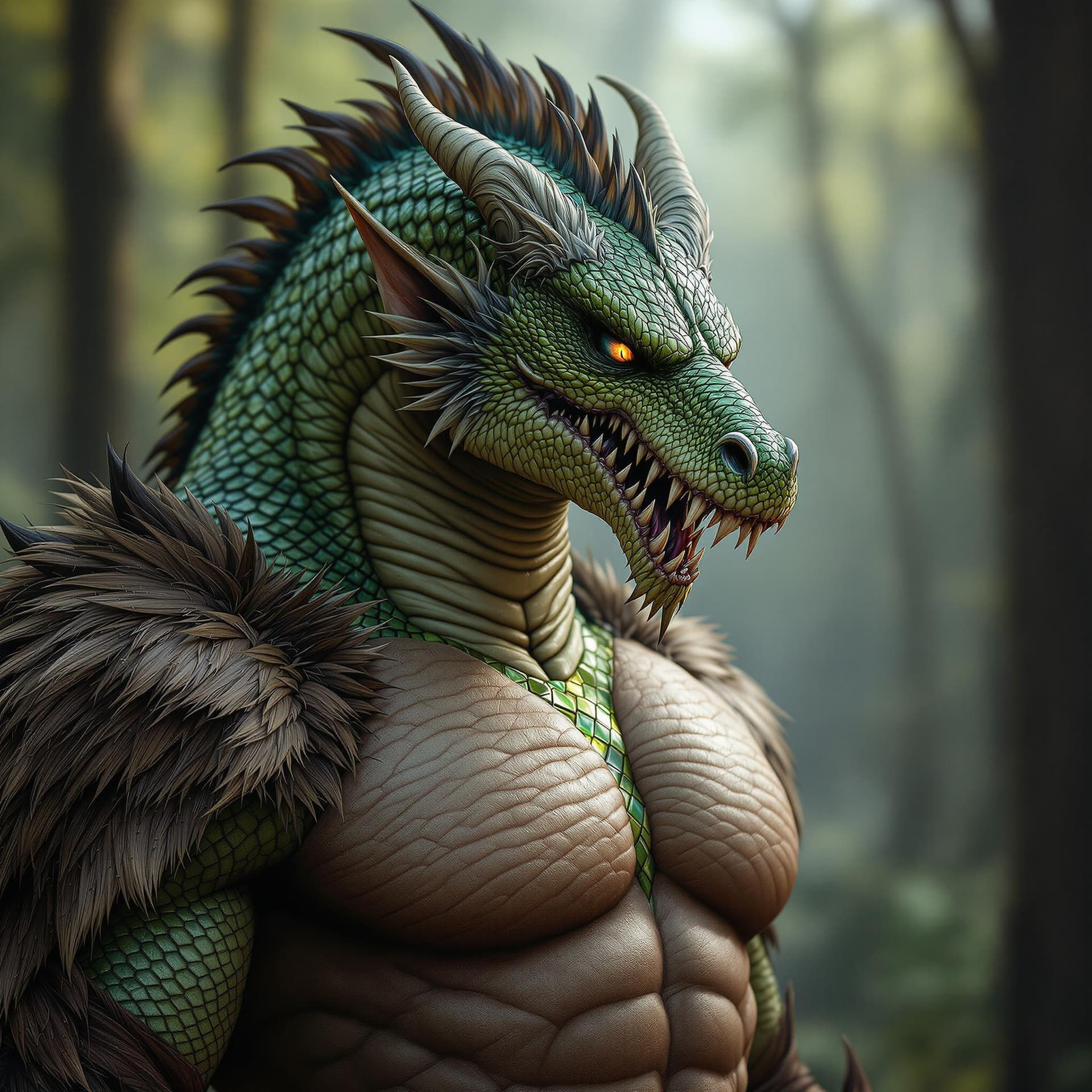 AI generated: ultra realistic photo, fantasy character portrait, male dragonkin, emerald dragonborn, muscular buil...