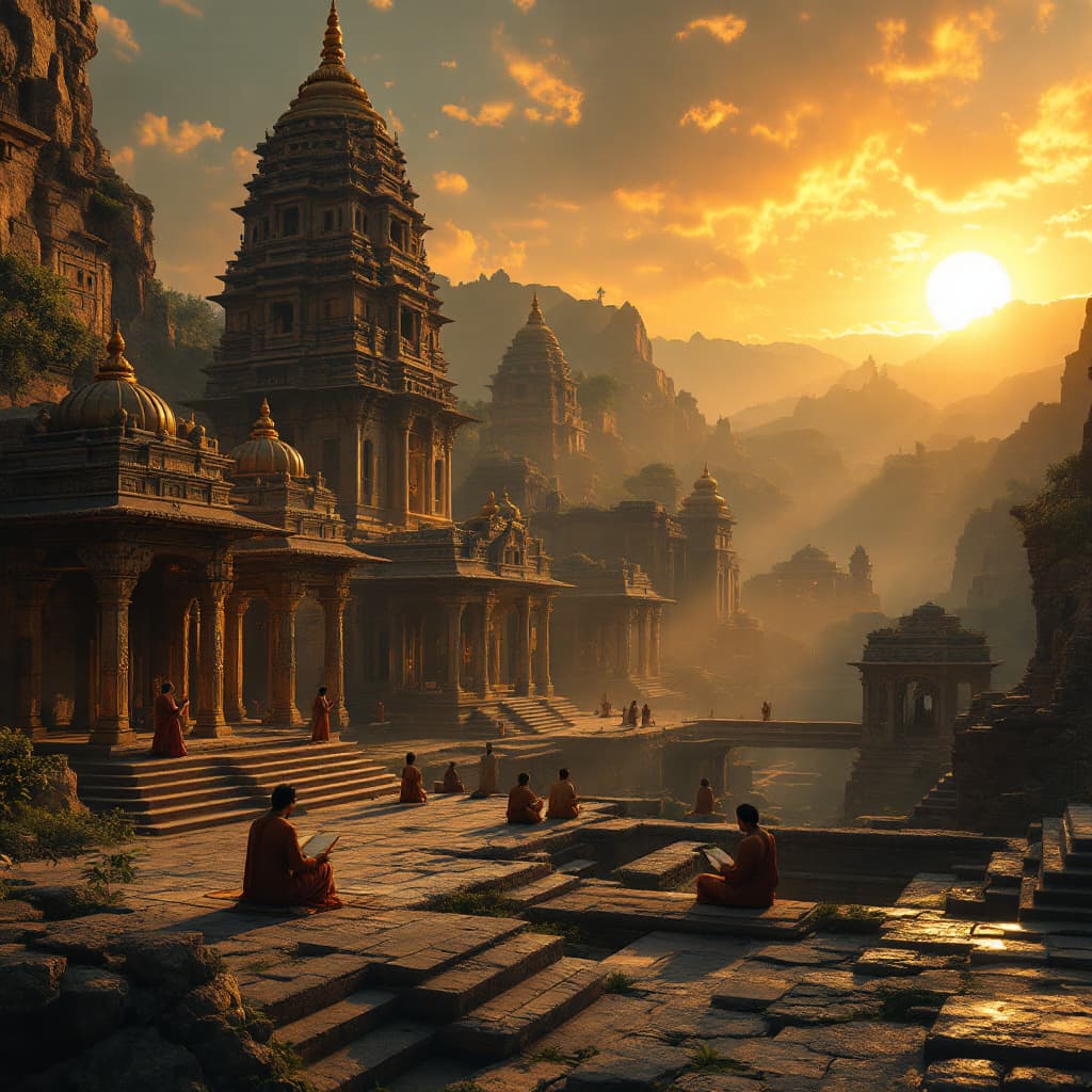 AI generated: A breathtaking, cinematic digital artwork of Ancient India. The scene showcases the majestic Nalanda...