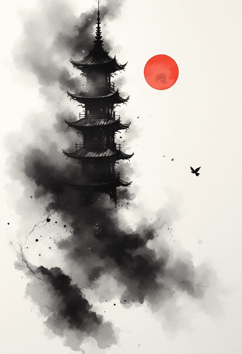 AI generated: Abstract ink wash painting, featuring a traditional Japanese pagoda with its base fading into smoke,...