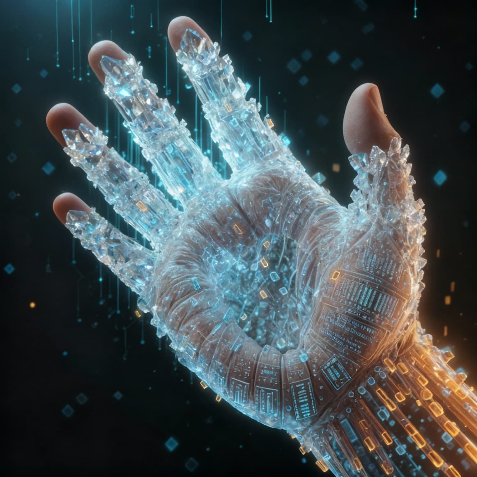 AI generated: An extreme close-up showing the incomplete formation of a human hand: crystalline binary code, like ...