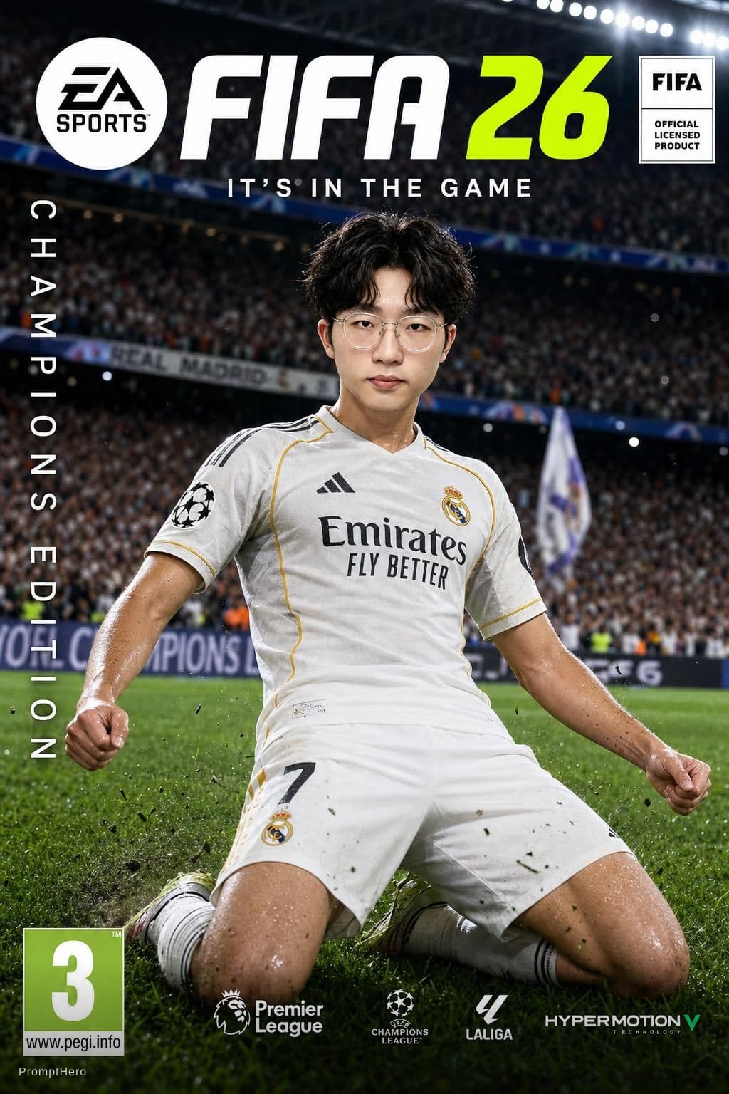 AI generated: EA SPORTS FIFA 26 Champions Edition cover art, photorealistic video game cover, the man in the refer...