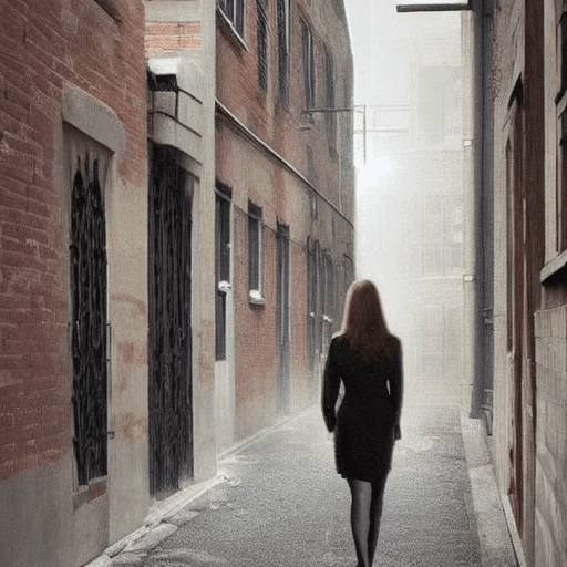 AI generated: Design a scenario in city or in a closed alley (looking  mysterious) in which  a women can be seen v...