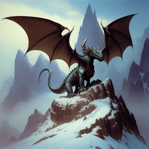 AI generated: A Dragon roars in the snow mountains of a fantasy landscape, John Howe, Frazetta, Horkey