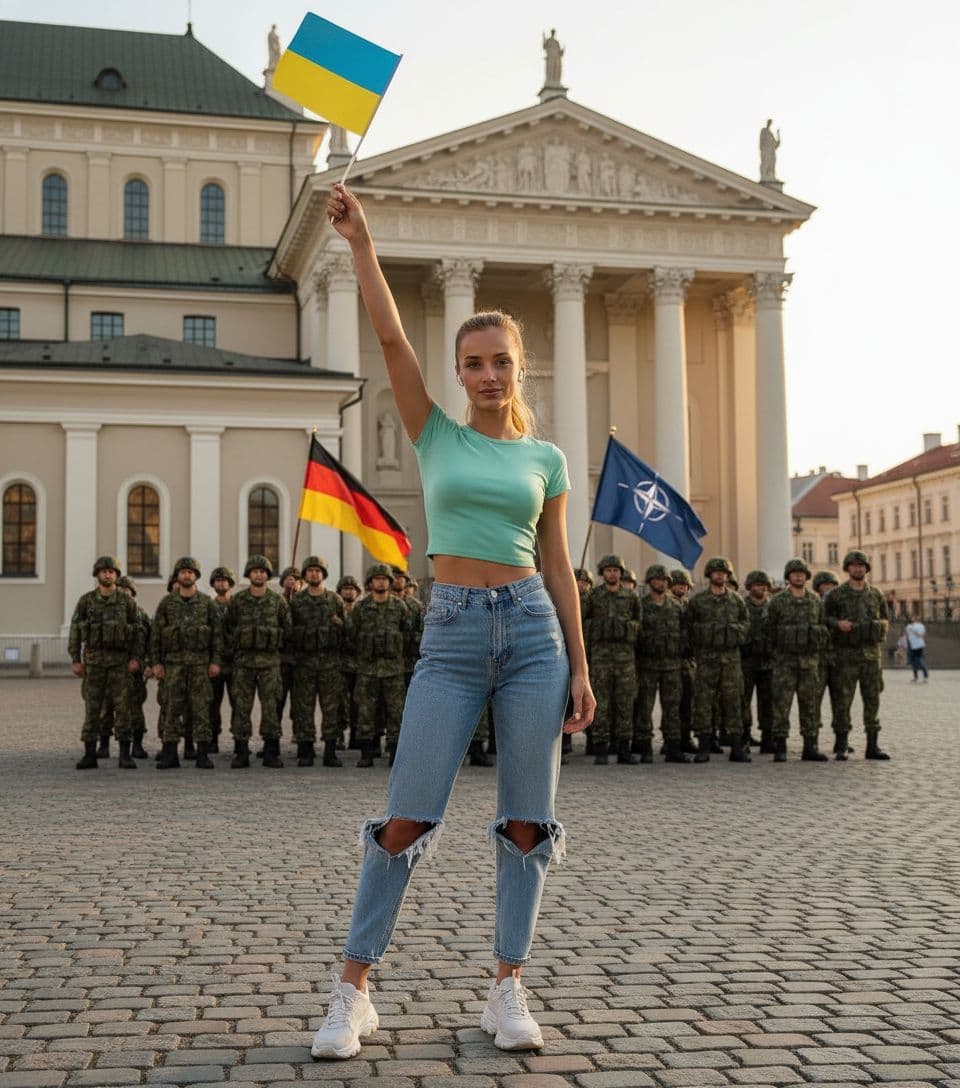AI generated: 22-year-old 5 foot 7 Spanish girl, standing. stands in Vilnius Old Town against the backdrop in the ...