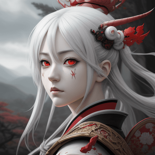 AI generated: painting, fantasy, japan, anime, in the style of realistic hyper-detailed rendering, dark white and ...
