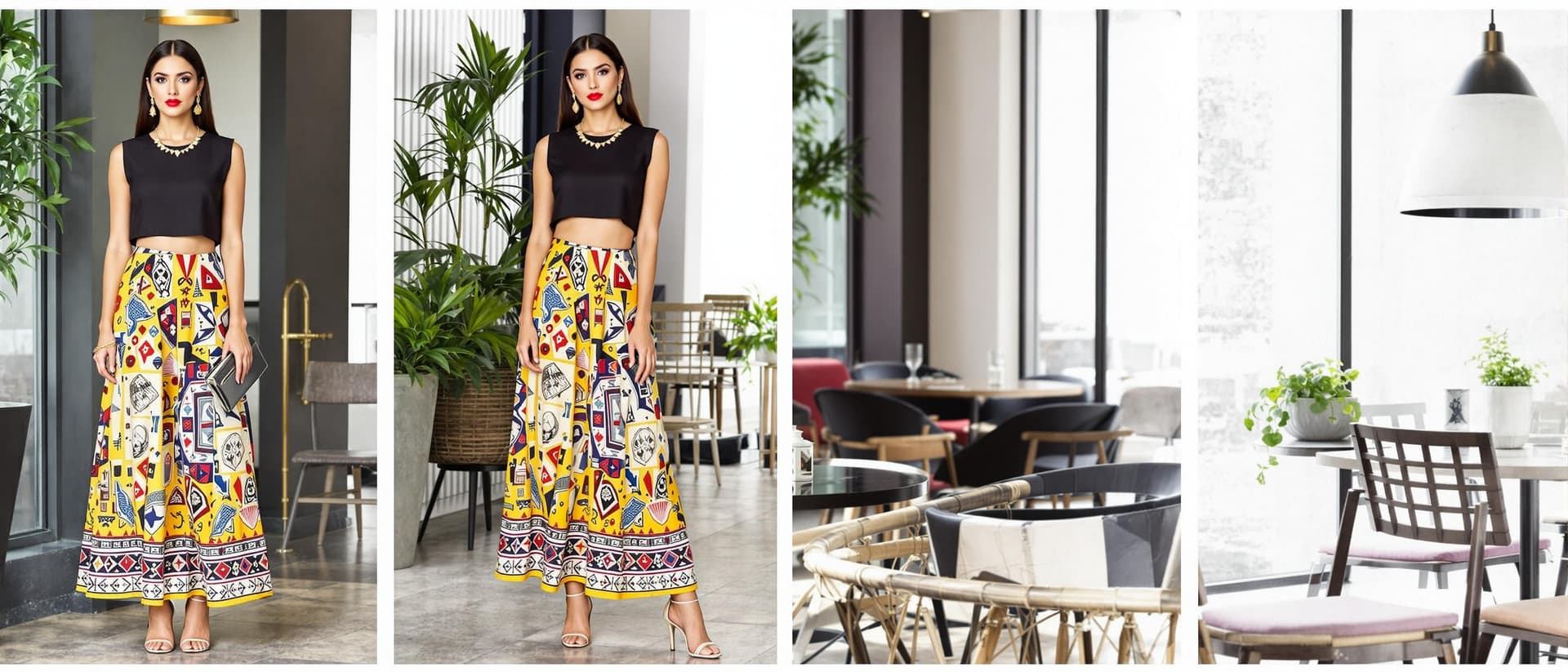 AI generated: A stylish woman in a modern fusion outfit combining a cropped, sleeveless kurta with a high-waisted ...