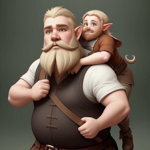 AI generated: a short, fat, bearded dwarf giving a tall, thin blond elf a piggyback ride clothed photorealistic