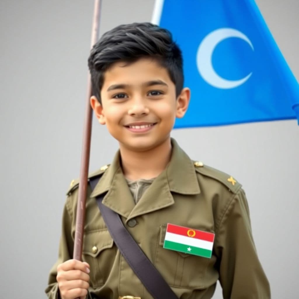 AI generated: A smiling boy dressed in the uniform of a young handsome black-haired Uzbek soldier. With his flag i...