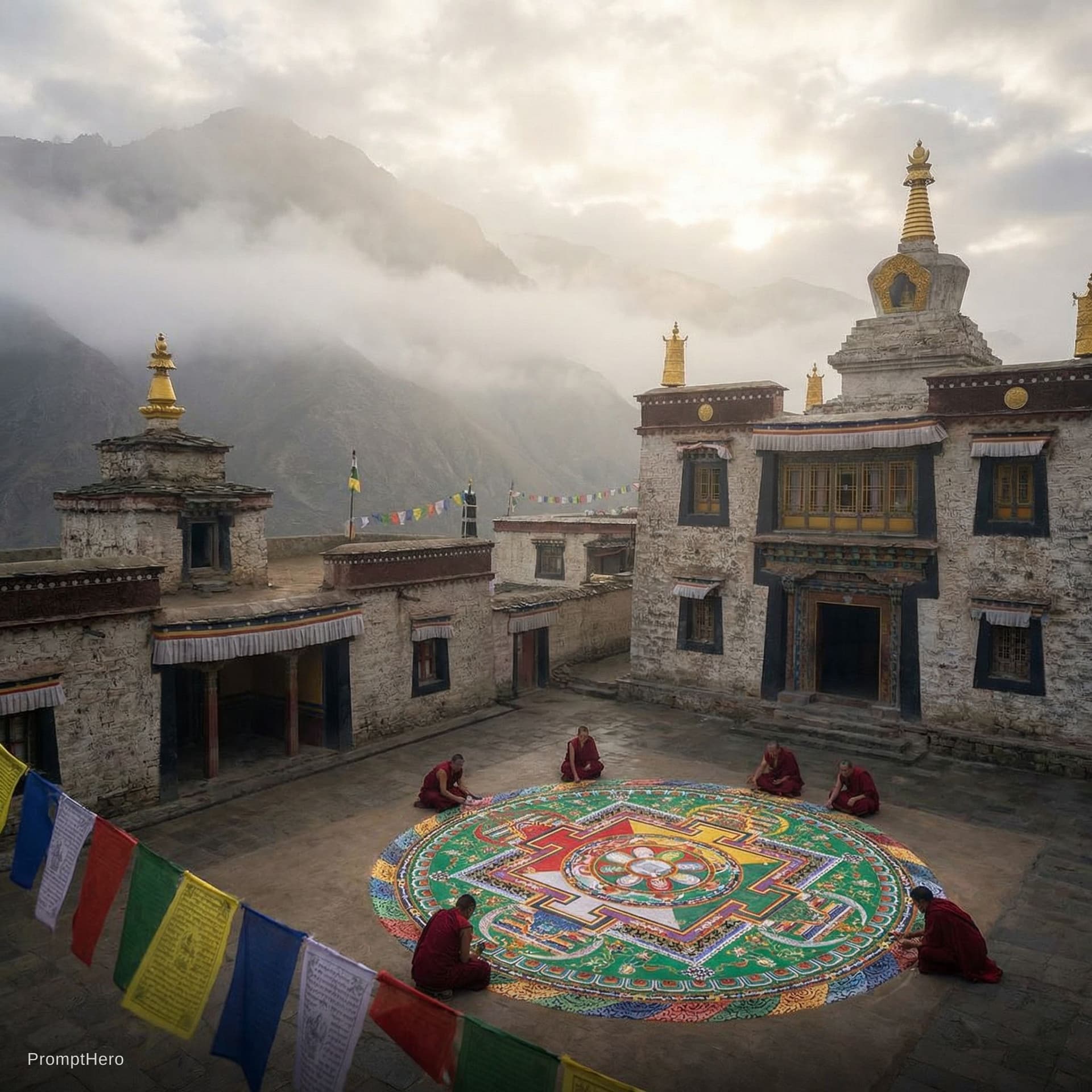 AI generated: Mystical Tibetan monastery, mandala. 
