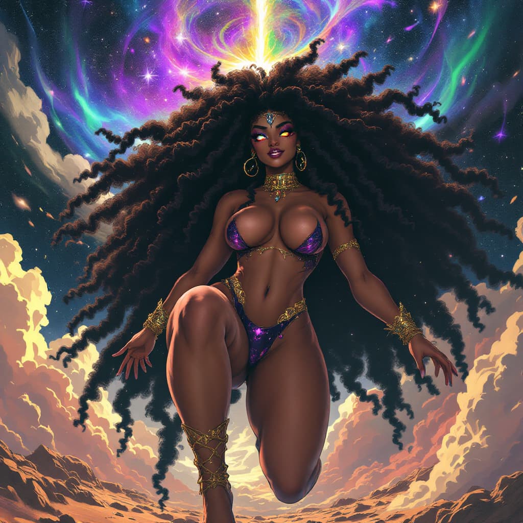 AI generated: A Giga Giantess, Beautiful Goddess,  her IMMENSE UNSTOPPABLE power expands out of the GALAXY, with a...