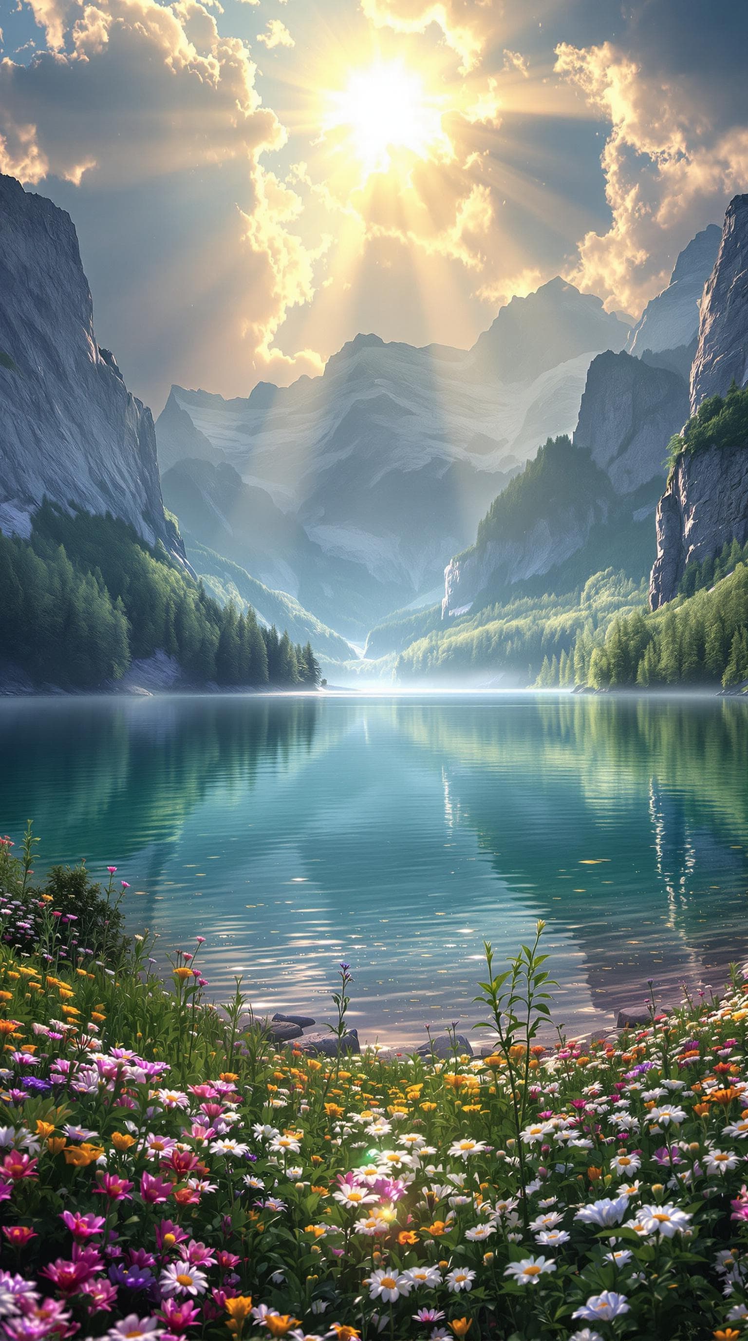 AI generated: A sacred lake surrounded by ancient forests and towering mountains, their reflections mirrored in it...
