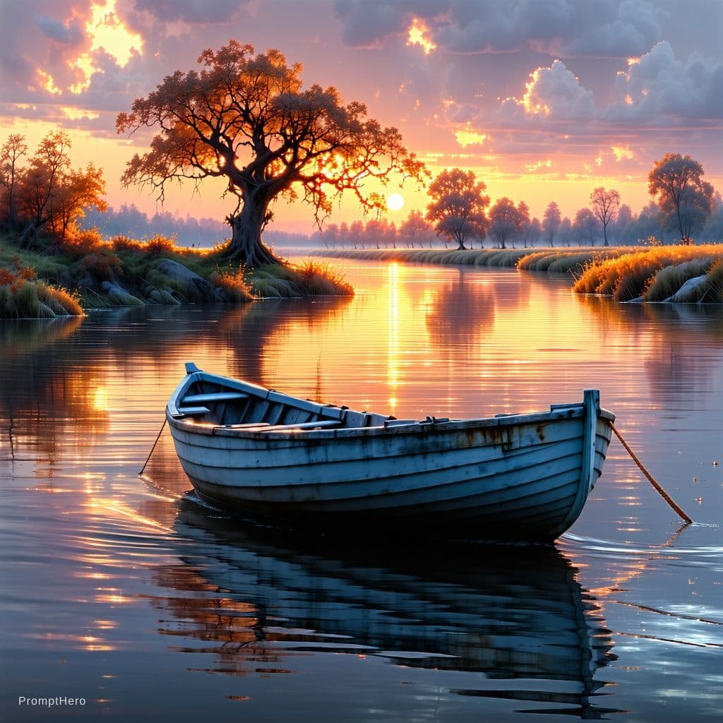 AI generated: A serene autumn riverside at sunset, a calm winding river reflecting the glowing sky. In the foregro...