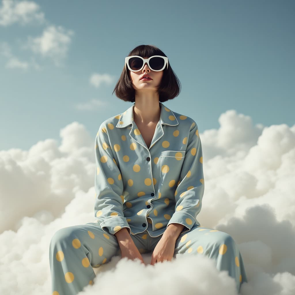 AI generated: A photo of an eccentric woman sitting on top of white fluffy clouds wearing big sunglasses and light...