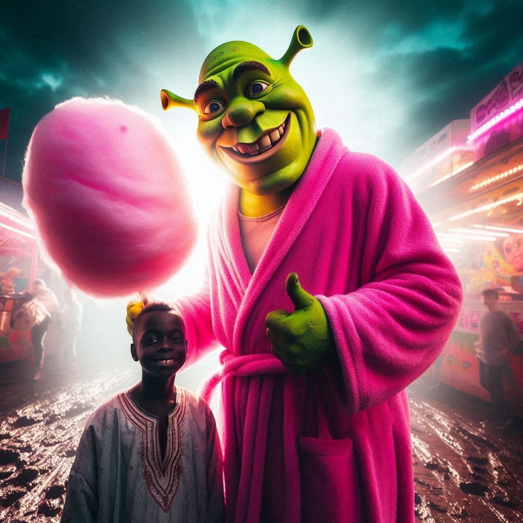 AI generated: Shrek con bata rosa y gafas de sol está sujetando un algodón de azúcar grande en la feria de atracci...