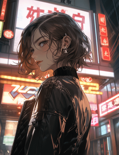 AI generated: a woman standing in front of a neon sign, in the style of hyper-realistic sci-fi, steelpunk, candid ...