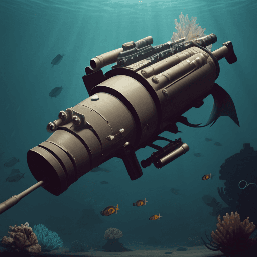 AI generated: a fish with a minigun attached to its head