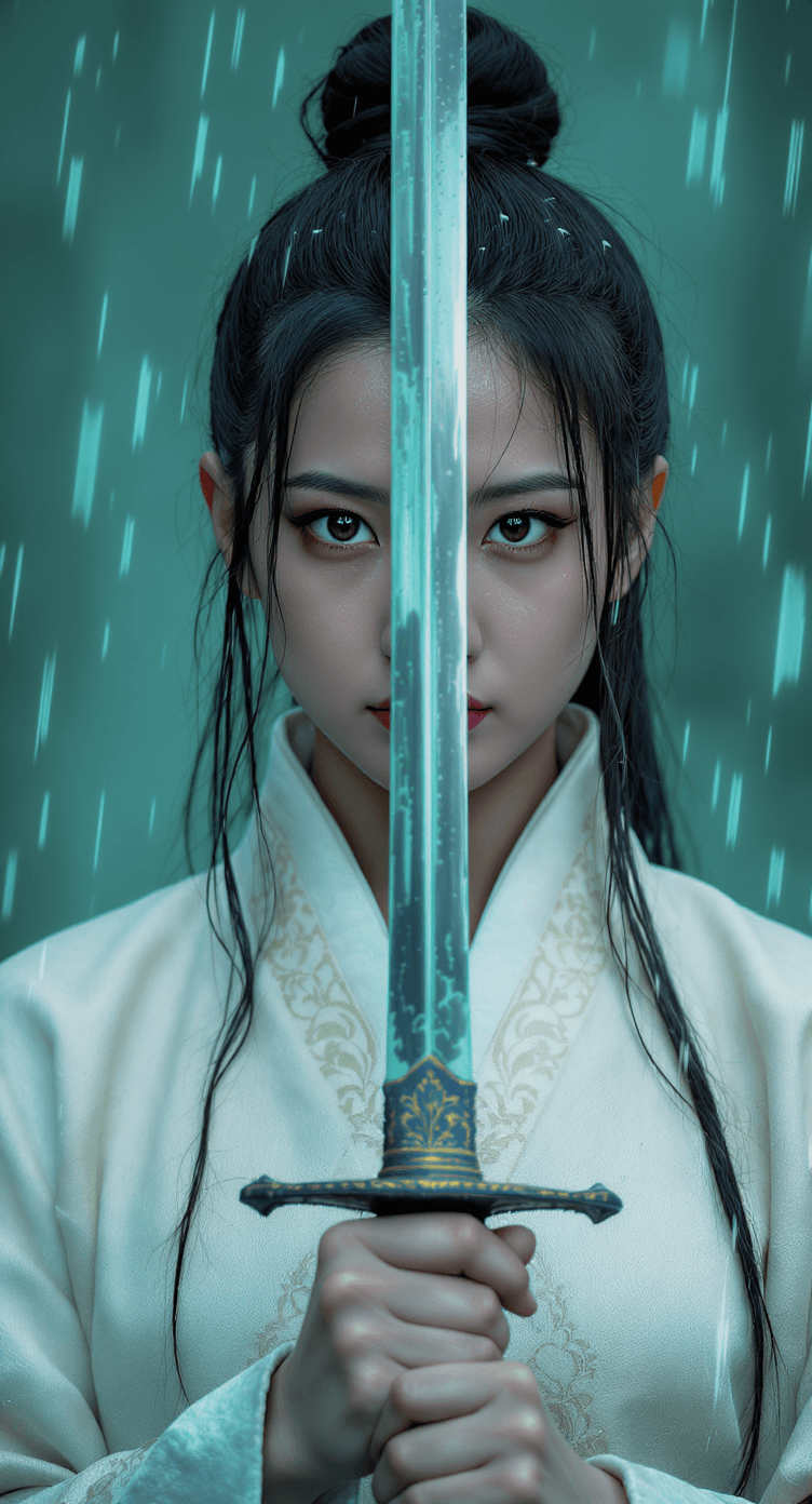 AI generated: Ninja in futuristic attire holding a sword, in the style of movie still, snapshot realism, light gre...