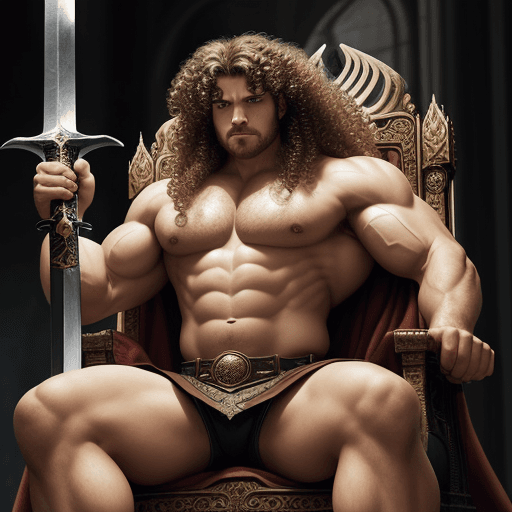 AI generated: A king sitting on a throne, curly hairs, muscular, serious expression, holding a giant greatsword on...