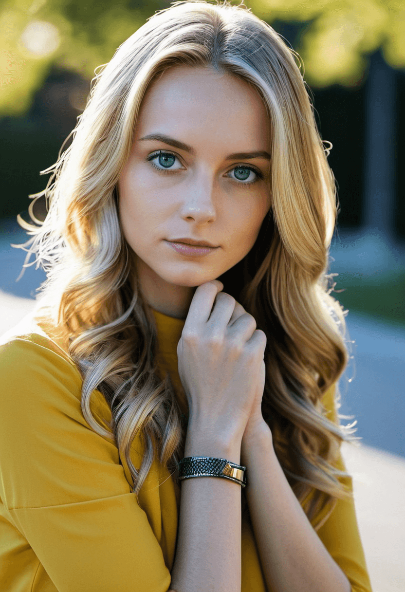 AI generated: silhouette style attractive young blonde woman with a slight smile, gorgeous light blue eyes are int...