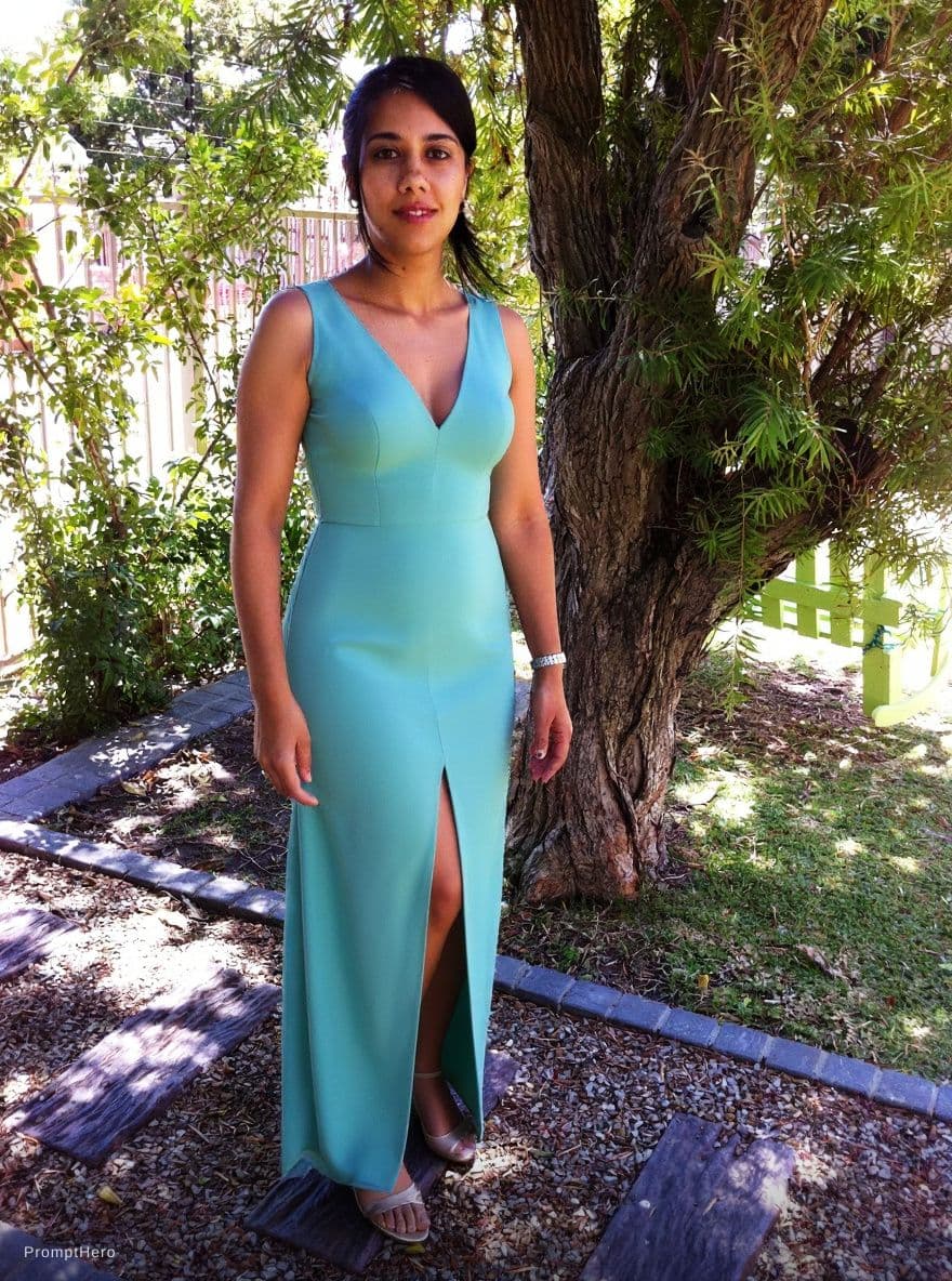AI generated: i want to see myself wearing  shear chiffon gown with  a high thigh slit and very deep vcut