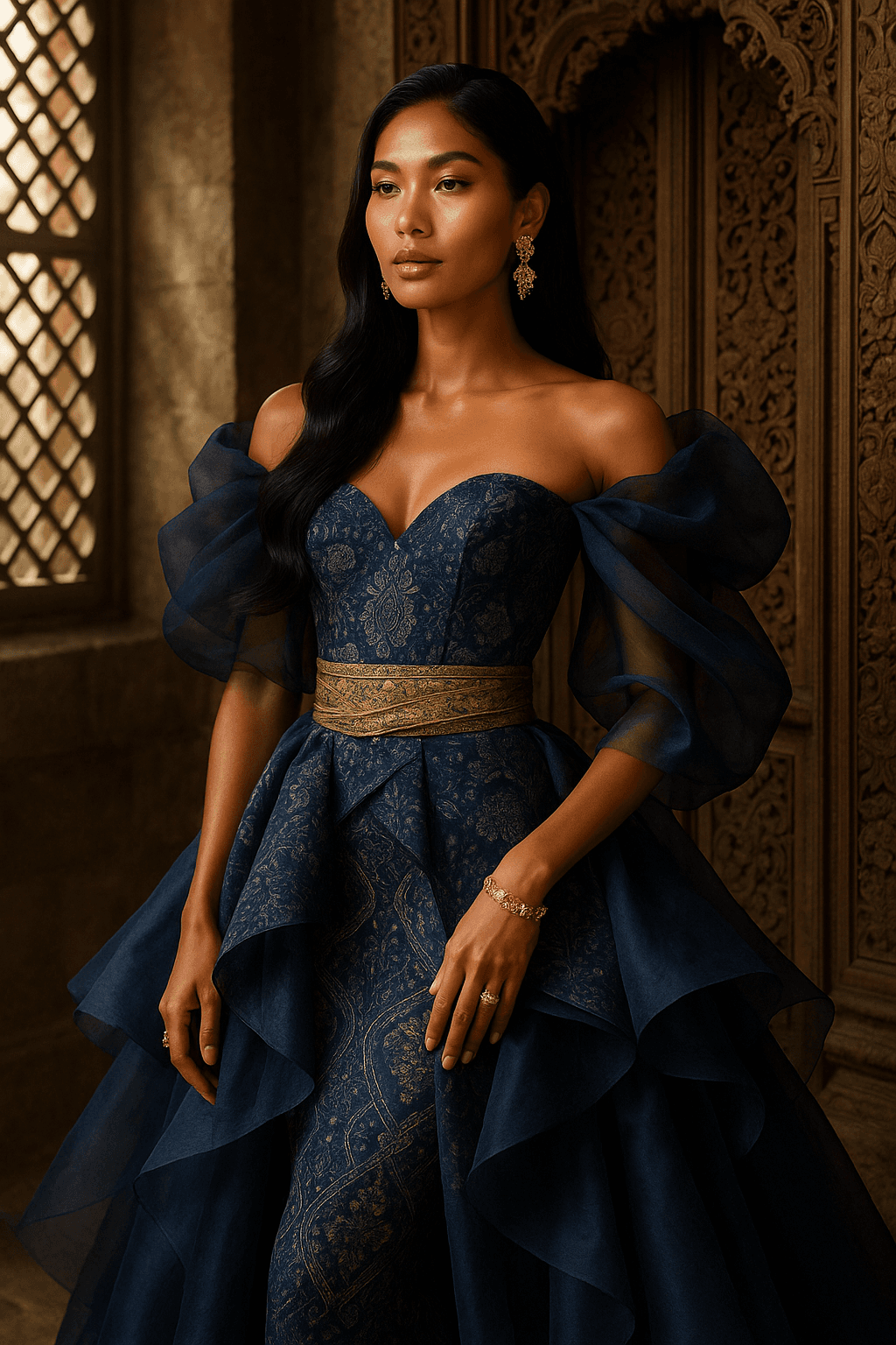 AI generated: a stunning Southeast Asian woman with radiant tan skin and long jet-black hair, wearing a modern hig...