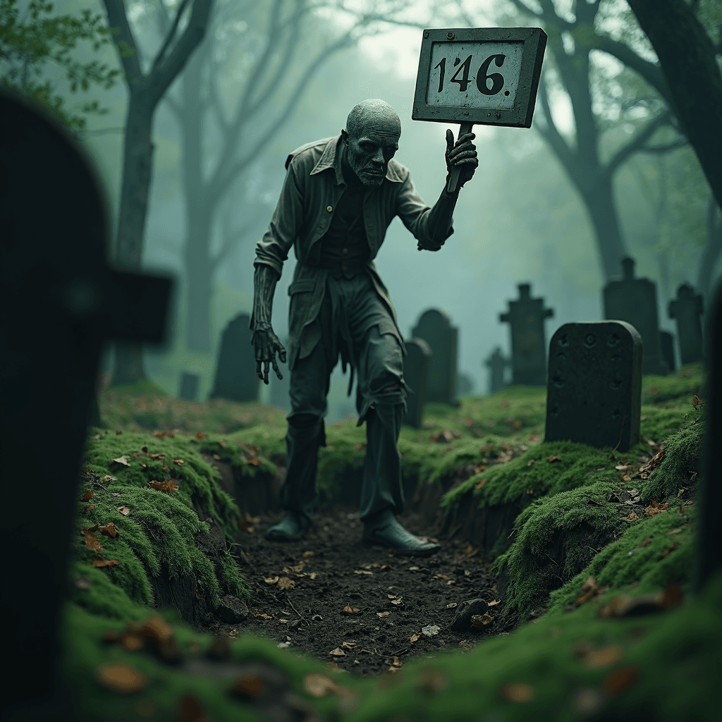 AI generated: dull and haunted eerie graveyard, in the center worn in the moss there is in the hole of an excavate...