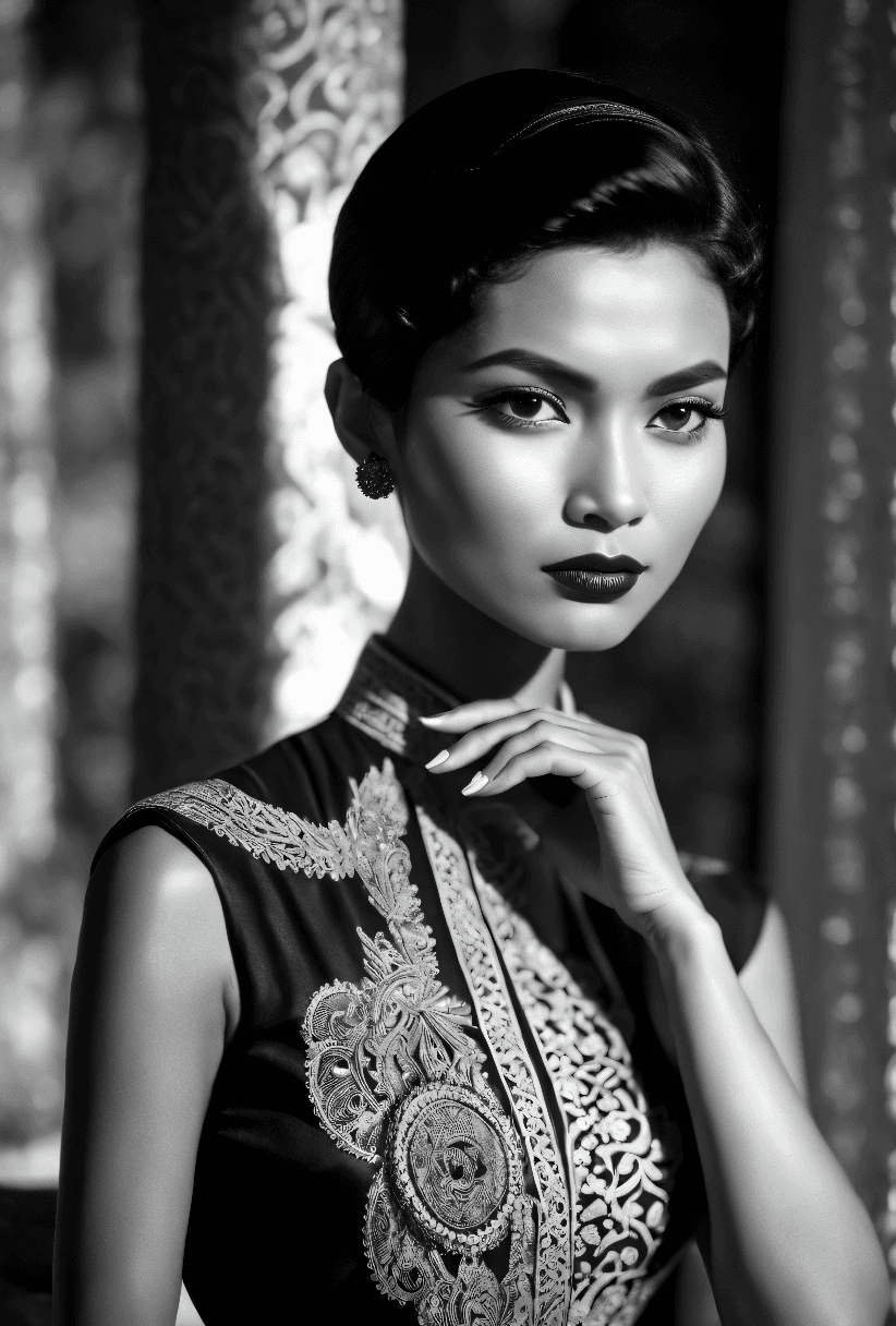 AI generated: film noir style Black and white photo of a woman with short hair, philippines, middle eastern detail...