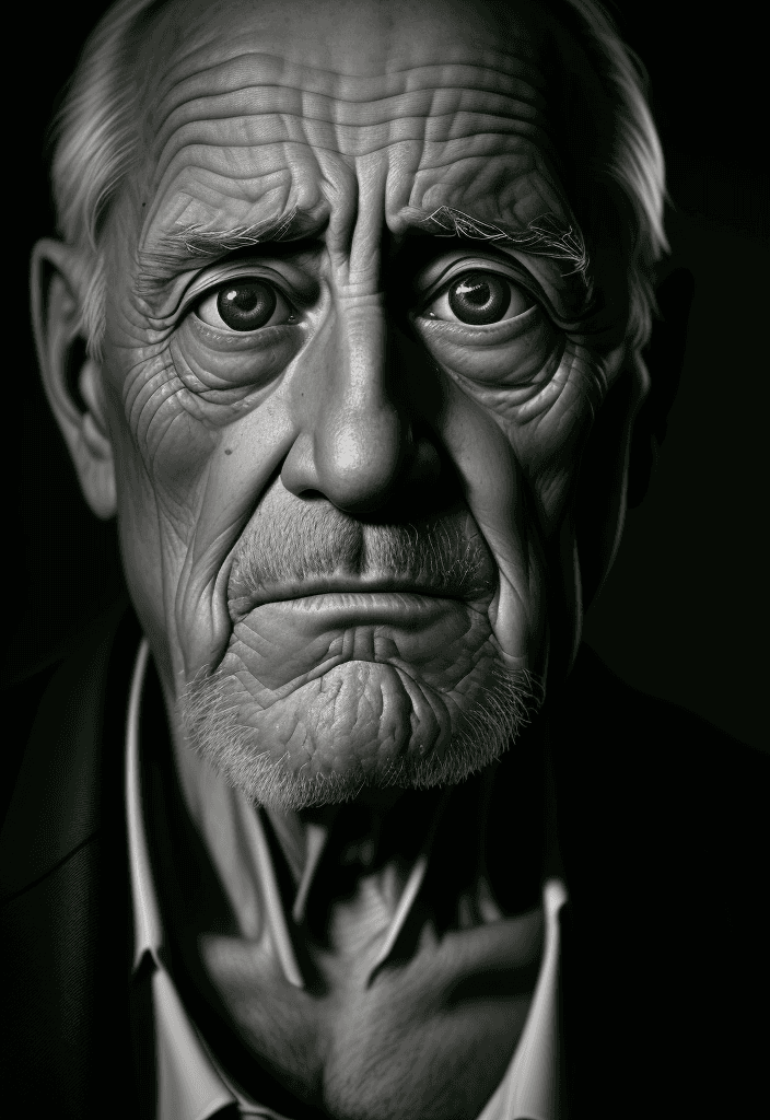 AI generated: old man with sad eyes, lots of wrinkles, portrait filmed with an Leica camera, black & white, cinema...