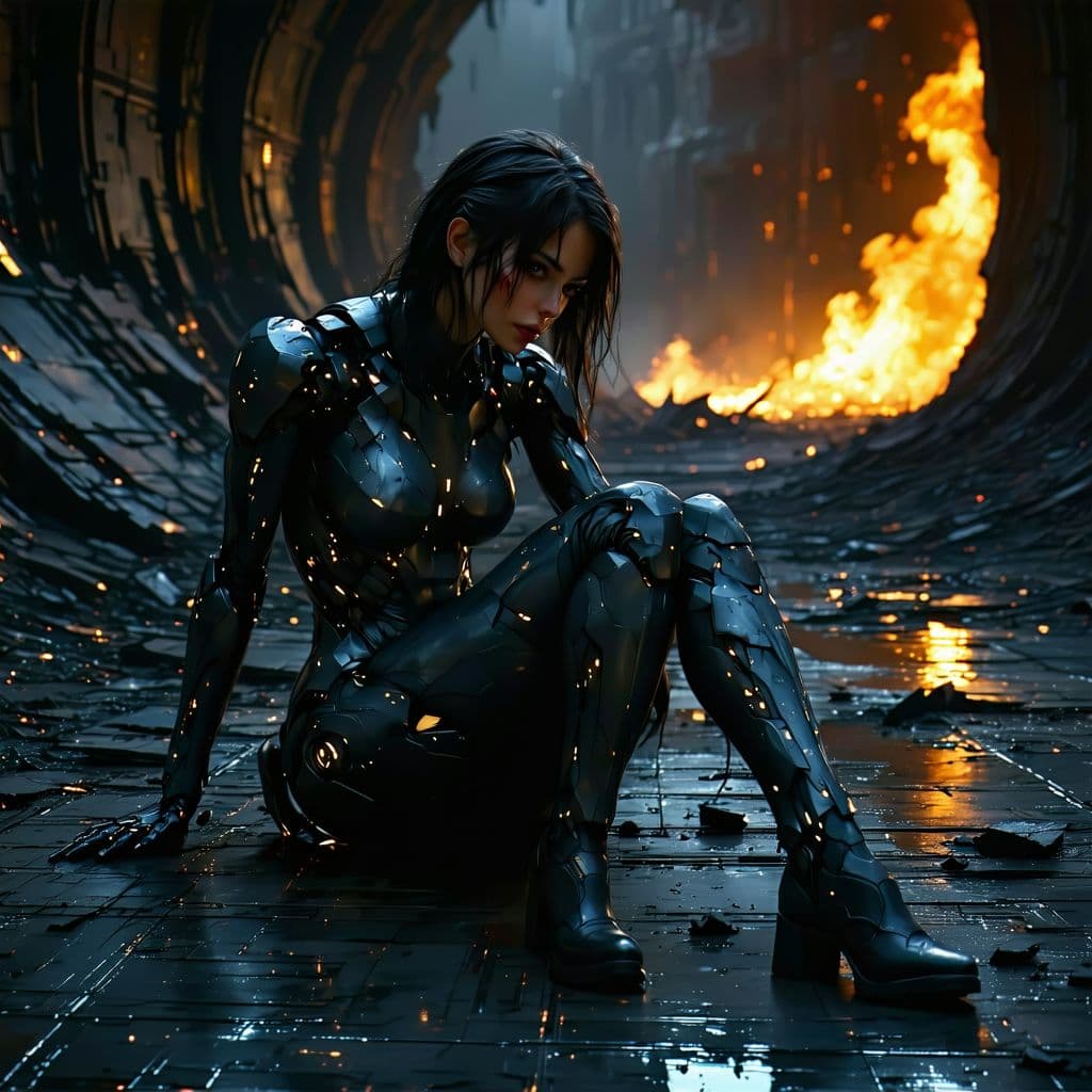 AI generated: A woman, likely a cyborg, sits slumped on a dark, metallic floor in a futuristic, damaged, and dimly...