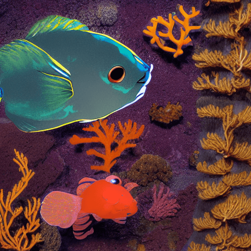 AI generated: 2D image of a deep sea diver underwater, fish and corals, and sea weed.