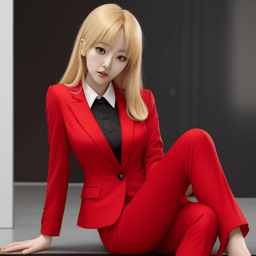 AI generated: pretty kang ji young blonde hair wearing red suit