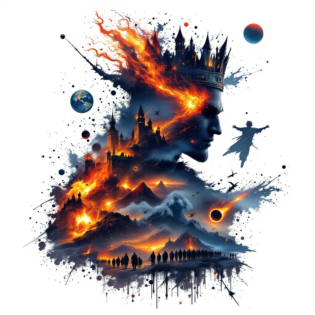 AI generated: A breathtaking double exposure illustration featuring a sinister silhouette of a corrupt king with a...