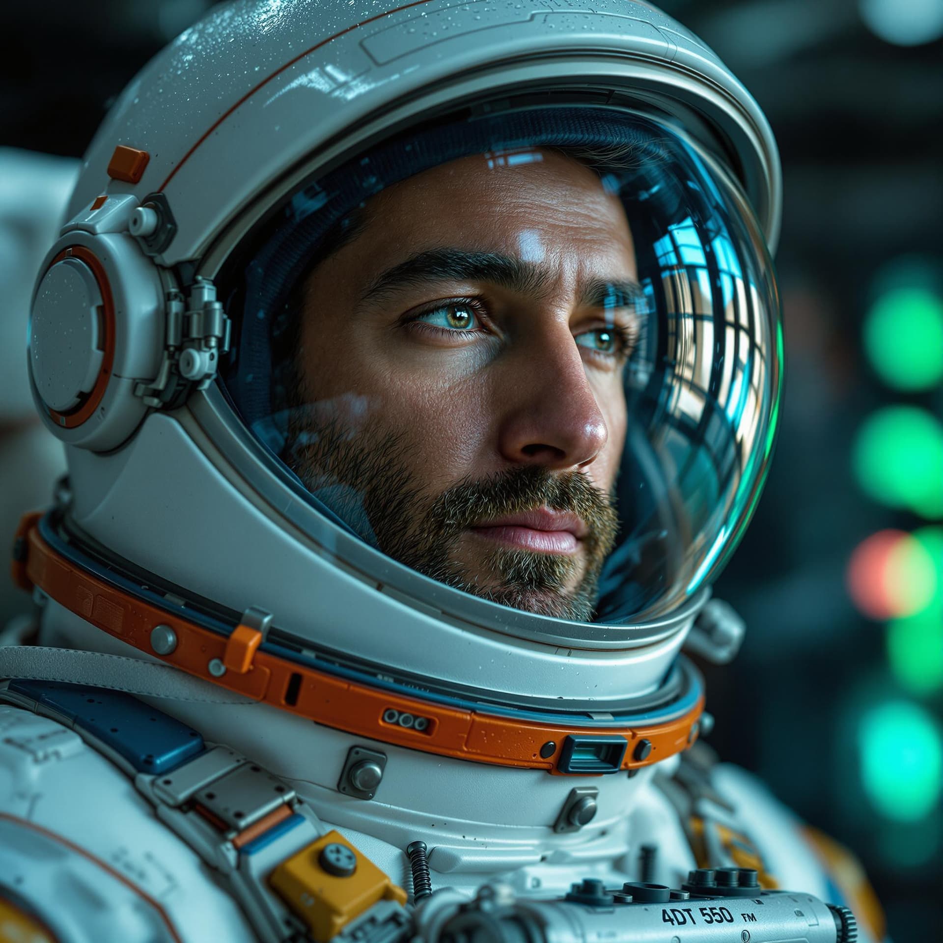 AI generated: The image features a close-up of a man wearing a detailed astronaut suit, with emphasis on the helme...