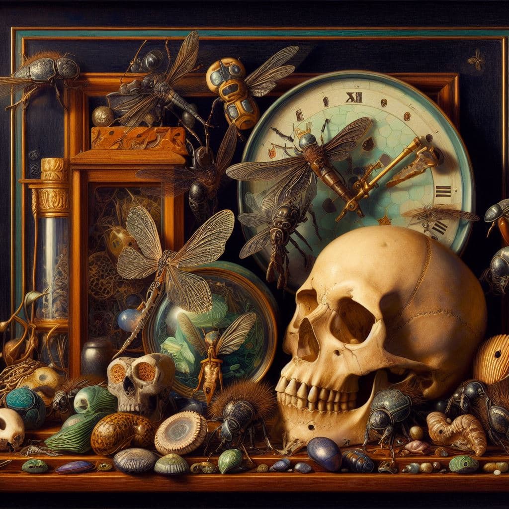 AI generated: art deco, still life of fossils, skull, and insects