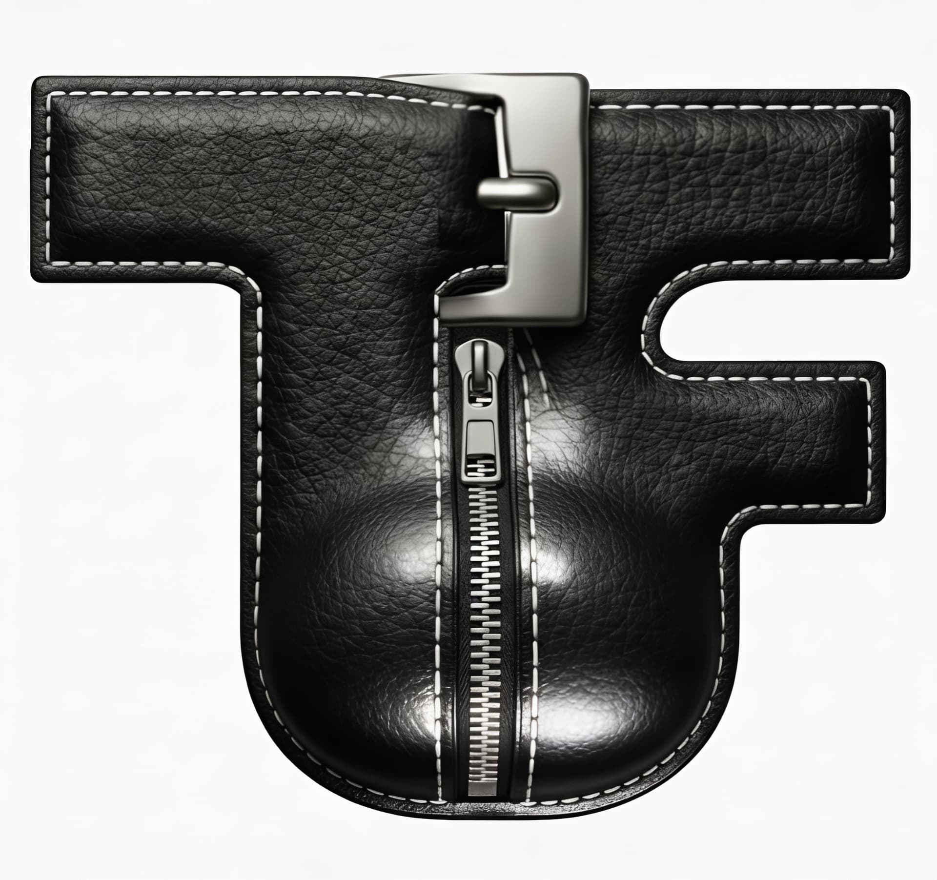AI generated: Logo of textured black leather with a metal buckle and zipper, with an oval bulge. Increase only the...