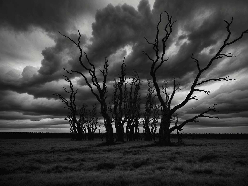 AI generated: A dramatic and eerie scene, set against a wide, panoramic backdrop of dark and foreboding landscape....