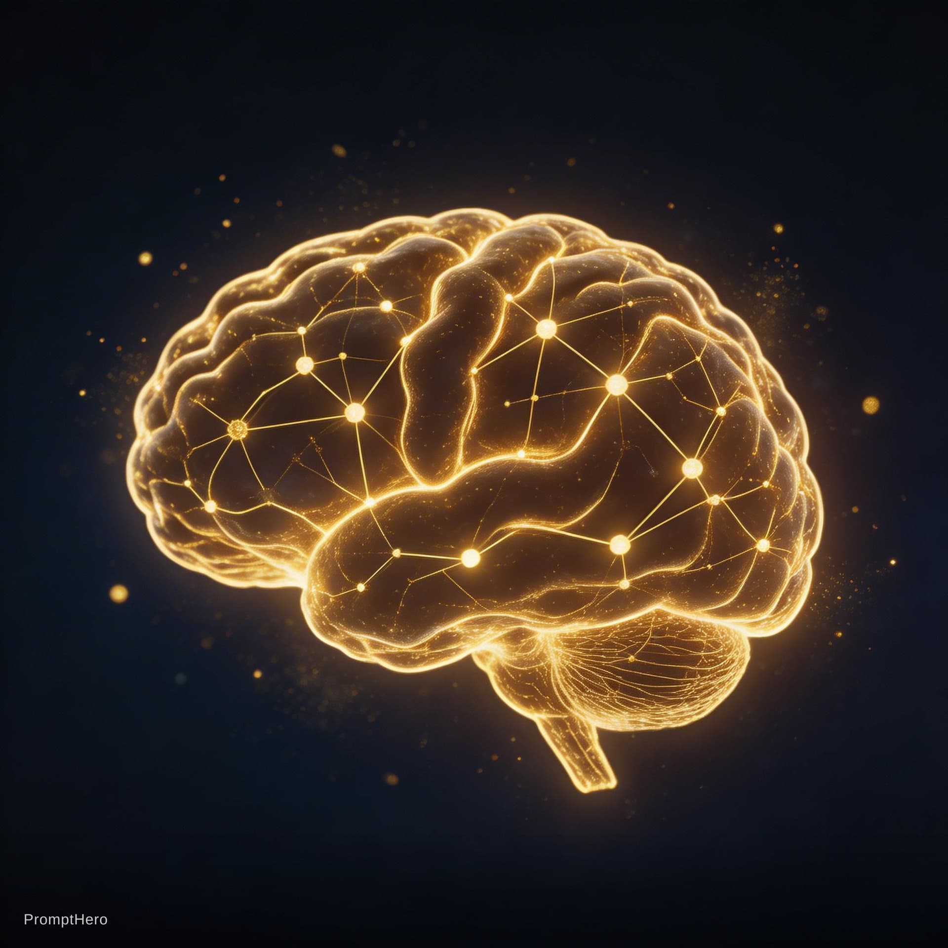 AI generated: Abstract human brain made of golden light 
connections on deep dark background, 
neuroscience concep...