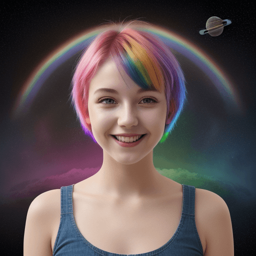 AI generated: young happy woman, rainbow short hair,  space, 8k, magic, 