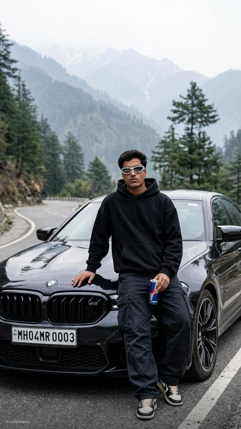 AI generated: Ultra-realistic 8K photo, my face preserved 100% exactly as uploaded. Young man leaning near the hoo...