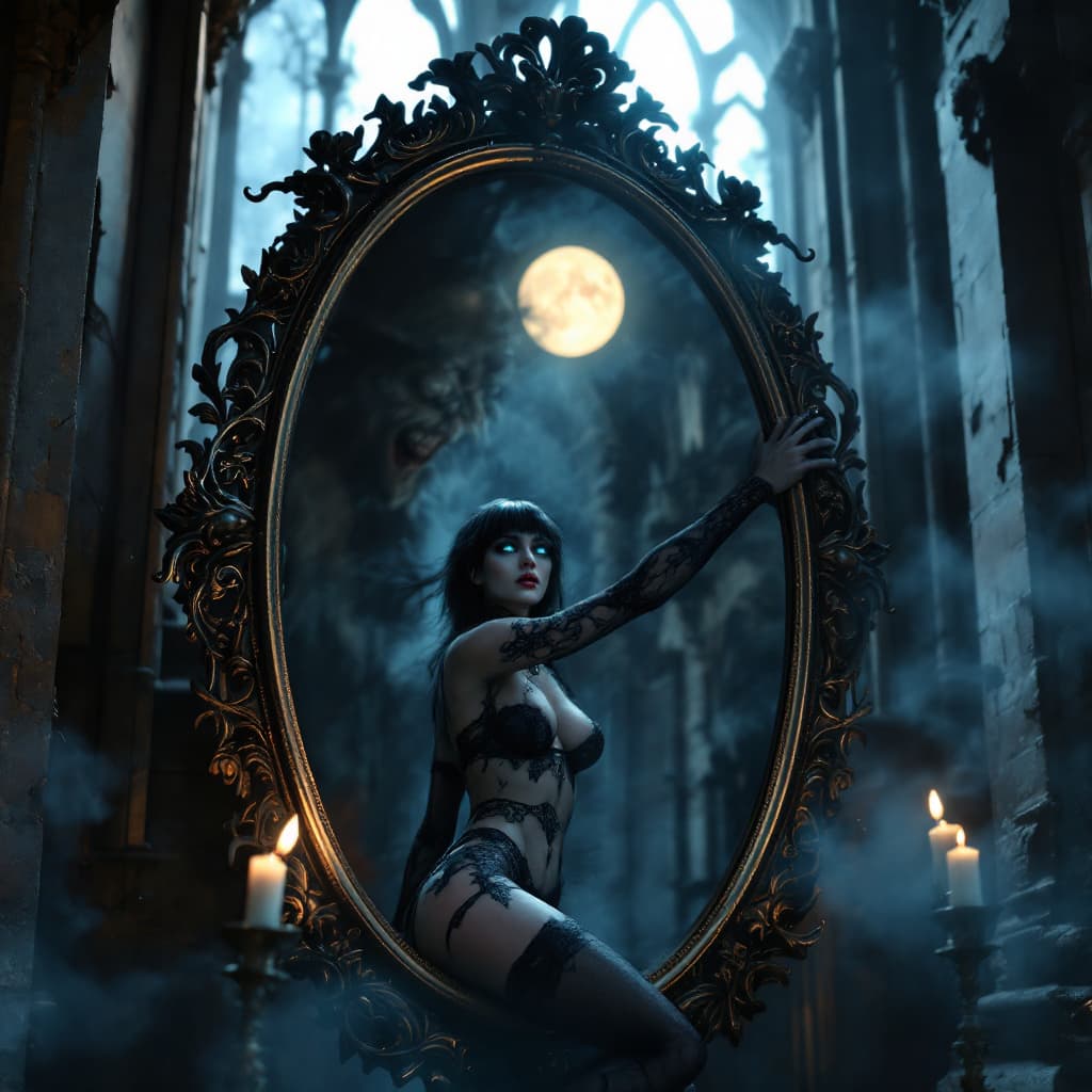 AI generated: A hyper realistic HD Photo of beautiful demon women, standing in front a big full body sized oval mi...