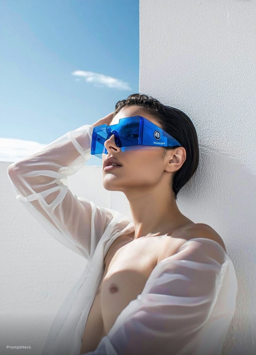 AI generated: Fashion shoot, Jacquemus and Moncler collaboration: dark blue translucent futuristic sunglasses, hyp...