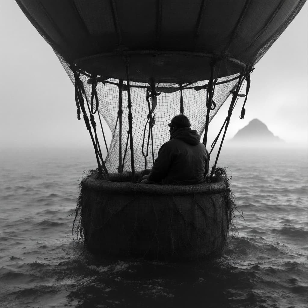 AI generated: A traveler sits on a balloon. The balloon has propellers and is covered with a fishing net. The ball...
