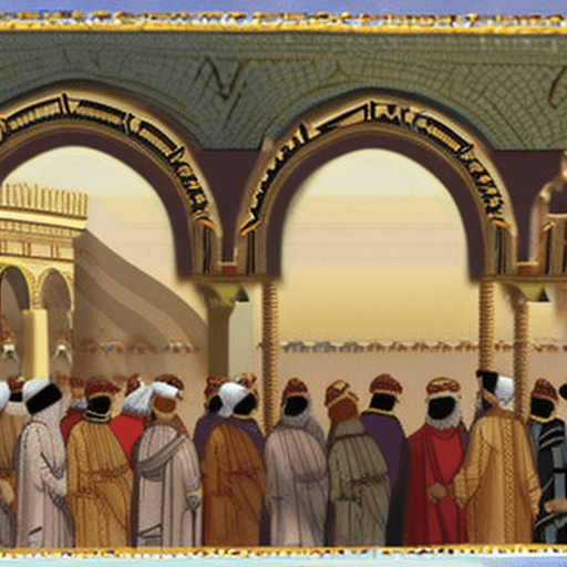 AI generated: A crowd of men in traditional Middle Eastern attire gathers in a vast, sunlit courtyard surrounded b...