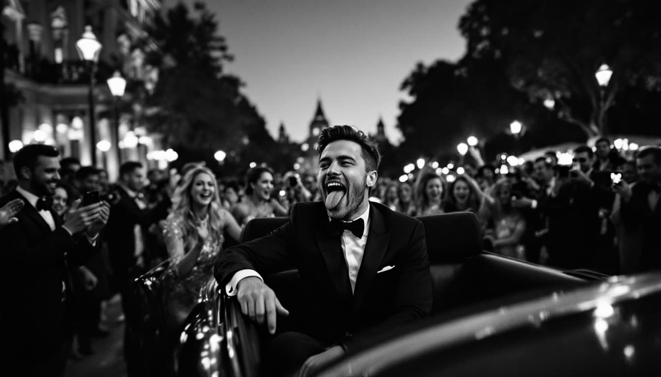 AI generated: A black-and-white scene capturing the lively atmosphere around the iconic moment of the man playfull...
