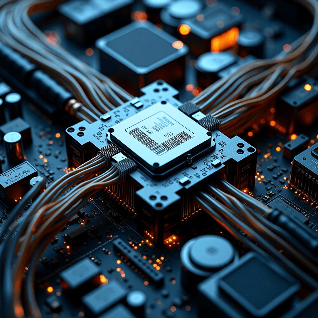 AI generated: A highly detailed, close-up view of an intricate network server system, showcasing a futuristic and ...