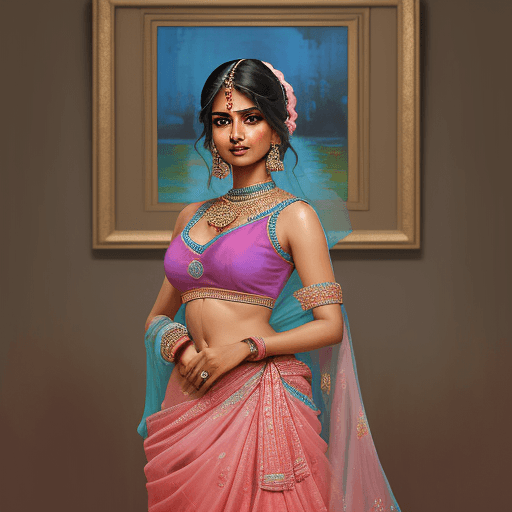 AI generated: A beautiful Indian woman in an elegant blue lehenga with pink sari, in the style of impressionist po...