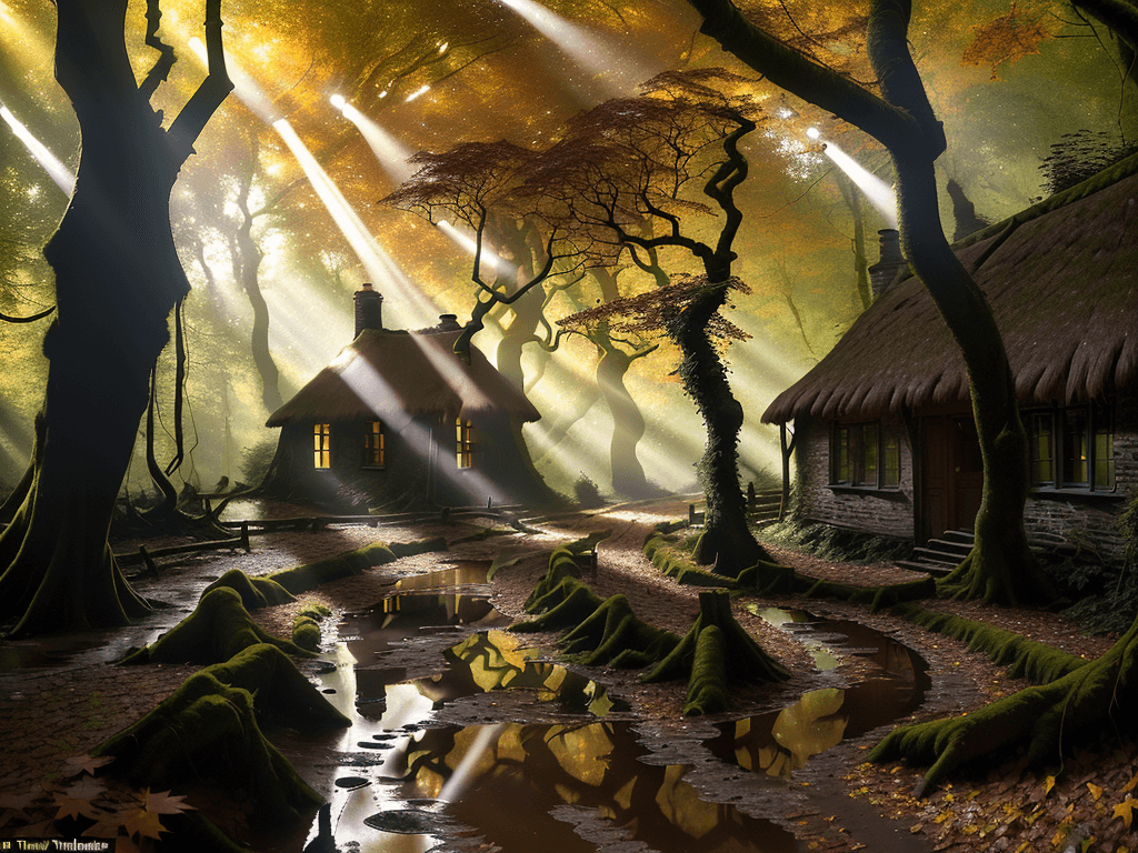AI generated: deep in a dense forest, shafts of late aftenoon sunlight coming through the leaves of ancient trees,...