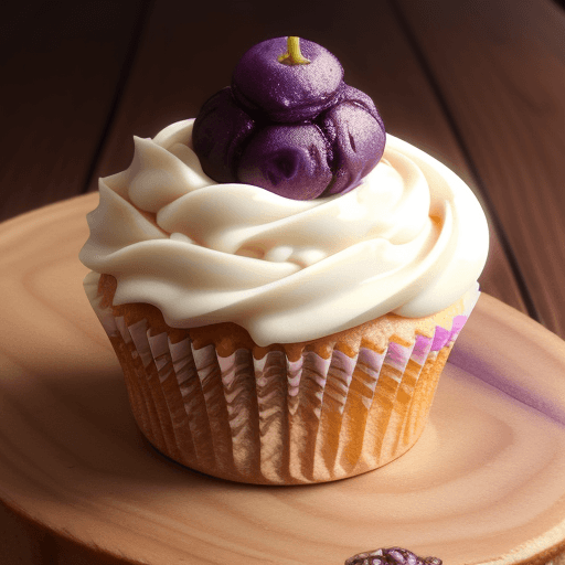 AI generated: a grape cupcake have  grape chip  on it,
on a   wooden table,