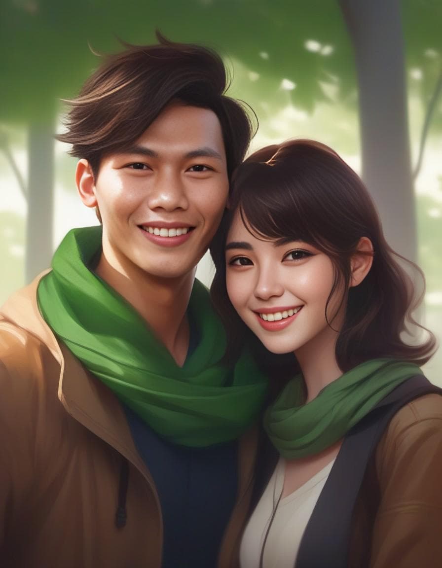 AI generated: couple wiht a woman with a green scarf around her neck, a character portrait by Sim Sa-jeong, cgsoci...